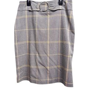 NWOT Soho Apparel M Stretch Gray Yellow Black White Plaid Belted Pencil Skirt.